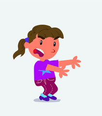 Very angry cartoon character of little girl on jeans pointing at something at side.Very angry cartoon character of little girl on jeans pointing at something at side.