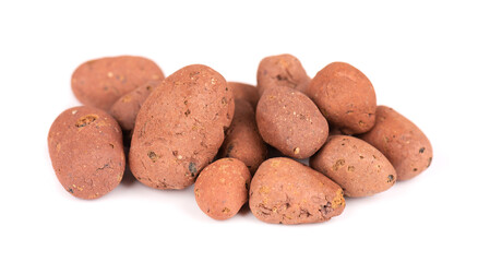 Expanded clay drainage isolated on white background. Whole brown clay pebbles.