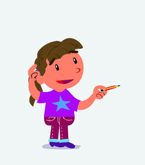  cartoon character of little girl on jeans doubts while pointing with a pencil.
