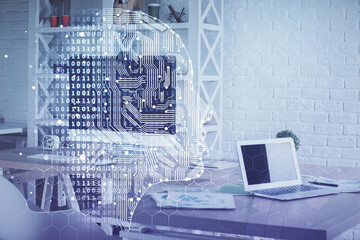 Multi exposure of brain drawing and office interior background. Concept of data technology.