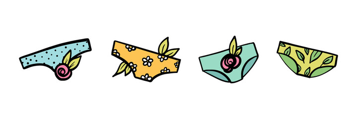 Colorful and cute doodle panties, women’s underwear with flowers and leaves set, collection.
