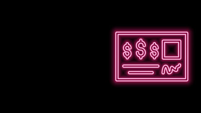 Glowing neon line Blank template of the bank check and pen icon isolated on black background. Checkbook cheque page with empty fields to fill. 4K Video motion graphic animation