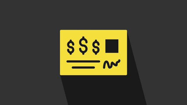 Yellow Blank template of the bank check and pen icon isolated on grey background. Checkbook cheque page with empty fields to fill. 4K Video motion graphic animation