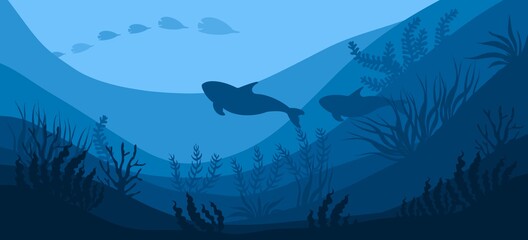deep blue ocean underwater world life animals hand-drawn digital illustration: fish and whales