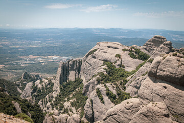 Panorama of the view from the Sant Jeroni summit of Montserrat, Mountain,  Catalonia, Spain. View from above. Aerial view.