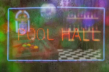 Pool Hall Vintage Neon Pool Hall Sign in Wet Window