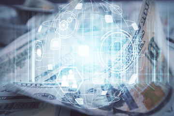 Multi exposure of social network drawing over us dollars bill background. Concept of people connection.