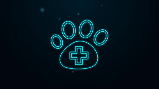 Glowing neon line Veterinary clinic symbol icon isolated on black background. Cross hospital sign. A stylized paw print dog or cat. Pet First Aid sign. 4K Video motion graphic animation