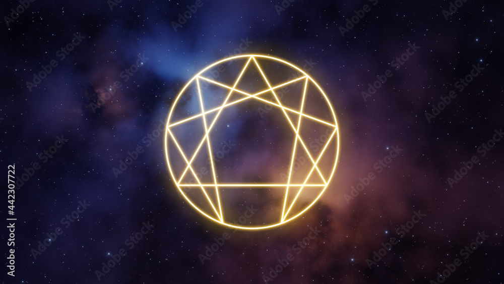Poster enneagram symbol in yellow color on a background of the universe with nebulae