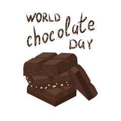 World Chocolate Day. Four chocolate bars: milk, bitter, airy, with nuts. Slices on top of each other. Design for banner, poster or postcard. Vector image on a white background.
