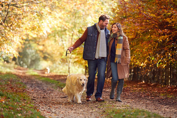 Couple Take Pet Golden Retriever Dog For Walk On Track In Autumn Countryside Holding Hands