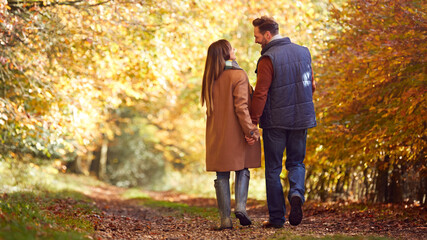 Rear View Of Loving Mature Couple Holding Hands Walking Along Track In Autumn Countryside