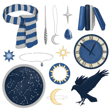 Magic set of illustrations in blue and gold colors with stars, crescent, scarf, wand, tiara, crystal, books, star map, clock, raven.