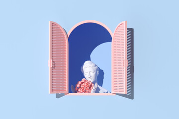 Minimal scene of women sculpture with rose flower in window on blue wall background, Minimal concept, 3d rendering.