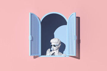 Minimal scene of human sculpture in blue window on pink wall background, Minimal concept, 3d rendering.