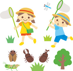 虫とりをするこどものイラスト