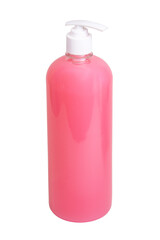 Pink liquid gel soap in dispenser bottle isolated on the white background