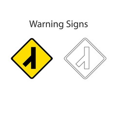 Warning of skewed side road junction on left traffic sign 2 style, Yellow vector illustration and hand drawing on white background.