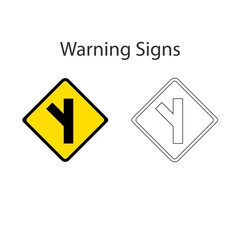 Skewed side road junction on left traffic sign 2 style, Yellow vector illustration and hand drawing on white background.