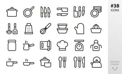 Kitchen utensils isolated icon set. Set of pans, frying pan, tableware, plates, knives set, cutlery, oven mitt, chef's hat, pot, saucepan, grater, cooking whisk, cutting board, apron vector icons