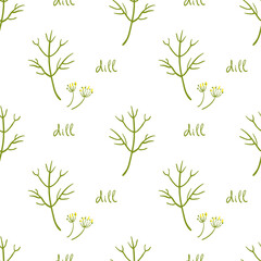 Seamless pattern with dill. Colorful paper cut culinary herbs isolated on white background. Doodle hand drawn vector illustration	
