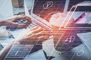Double exposure of woman hands working on computer and data theme hologram drawing. Tech concept.