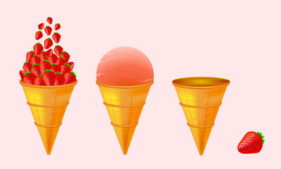 Strawberry ice cream. A set of vector objects, a horn, a berry, an ice cream. For use in the design of a banner, flyer, web.