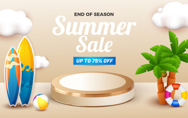 summer sale banner with podium and 3d element beach illustration