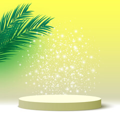 Fototapeta na wymiar Blank podium with palm leaves. Round pedestal. Cosmetic products display platform. 3d render stage. Exhibition stand. Vector illustration.