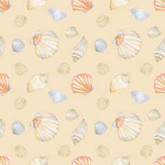 Hand drawn watercolor seamless pattern with seashells isolated on beige background.Good for wrapping,fabrics,textile.