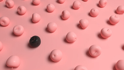3d render of pink apples in rows. One black apple stands out.
