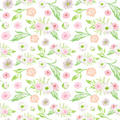 Watercolor floral seamless pattern. Elegant blush and peach color flowers with leaves isolated on white. Botanical repeated background. Print for wallpaper, wrapping, scrapbook paper, cards, textile.