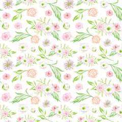 Watercolor floral seamless pattern. Elegant blush and peach color flowers with leaves isolated on white. Botanical repeated background. Print for wallpaper, wrapping, scrapbook paper, cards, textile.