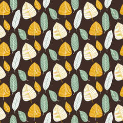 Simple leaf fall seamless pattern vector. Floral pattern with leaves by white, goldenrod, jade and dark oak colors