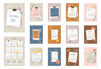 2022 calendar. Cover, set of 12 months pages and page with 2023 calendar. Pieces of papers, photo frames, colorful flowers, flowers contours in flat style. Week starts on Sunday. Vector illustration. - obrazy, fototapety, plakaty