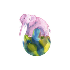 The only silhouette of a pink elephant with a falling shadow on the planet. Manual drawing with a brush with watercolor paints. World Elephant Protection Day. Save the life of elephants.