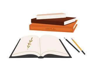 Vector illustration of the stack of books, open book, and pencils, isolated on white. Hand-drawn set. Objects for learning, reading, school tools. Suitable for book shops, and publishing houses.