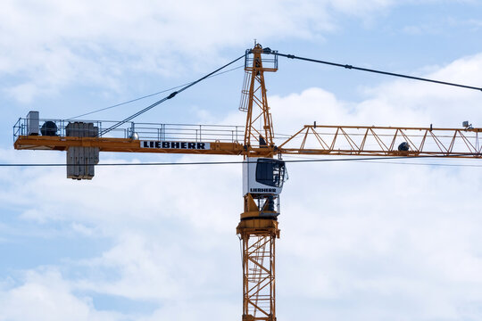 Tyumen, Russia-June 4, 2021: Liebherr logo on some crane machinery on a construction site.