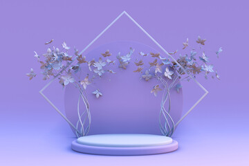 3d render, botanical background, round pedestal decorated with violet spring flowers, blank cosmetics store showcase stand, fashion, pastel colors, presentation template