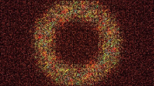 Widening circular soffit light rings on colorful grid with particles, seamless loop. Animation. Field of tiny particles with radial circles.