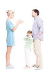 Vertical full length side view studio shot of husband and wife having conflict quarrelling, their daughter feeling sad about it, white background
