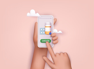 Person buying the pills online with the smartphone. Ordering medicines online concept. 3D Web Vector Illustrations.