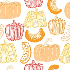 seamless pattern with flat pumpkins drawn by lines. flat colorful illustration isolated on white background.