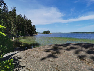 The shore of the Vyborg Bay with large boulders in the rocky natural park Monrepos of the city of Vyborg on a clear summer day..