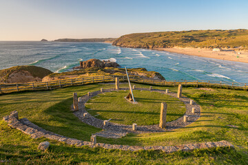 The view across Perranporth, Cornwall in early summer, with the sundial in the foreground - obrazy, fototapety, plakaty
