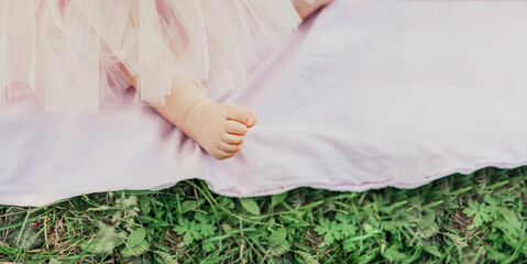long format banner pretty little naked feet of girl on pink plaid in lush pink tulle skirt on green...