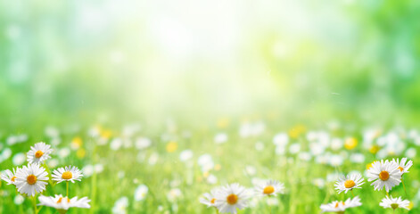 Meadow with green grass and daisy flowers. Background for summer, nature, ecology and environmental...