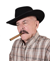 The cowboy with mustache, in a black hat smoking a cigar