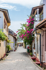Small old cozy street at rainy day: New Lane street in the Dutch Galle Fort, Sri Lanka.