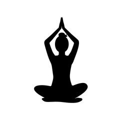 Woman sits in lotus position with his hands raised above his head, black silhouette on white background. Slim girl practice meditation. Yoga complex. Healthy lifestyle concept. Vector illustration	